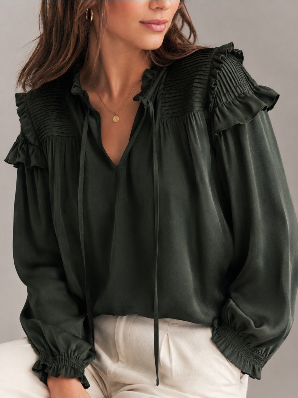 Gilner Farrar Silk Pintuck Ruffle Blouse Hunter Green Cottagecore Romantic Small